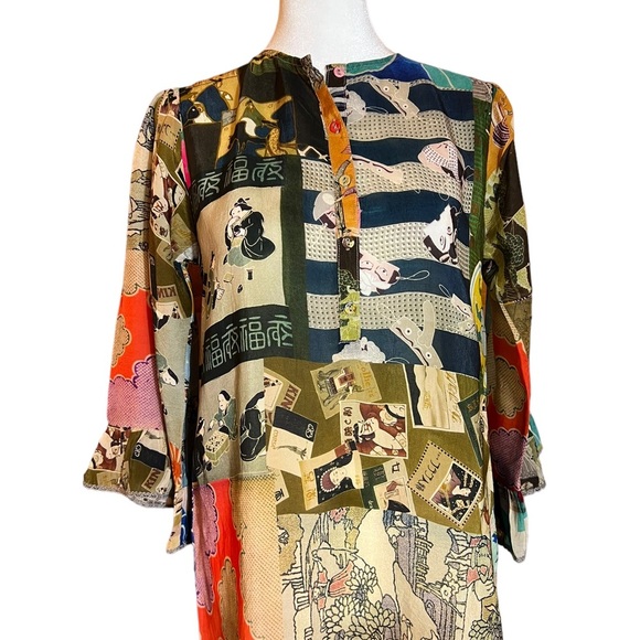 Johnny Was Vera Tunic Cupra Rayon Boho Asian Rare Split Neck Top XXS. NWT - Picture 2 of 9